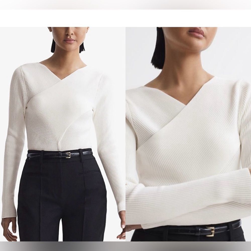 Reiss Heidi White Wrap-Front Ribbed Knit Top